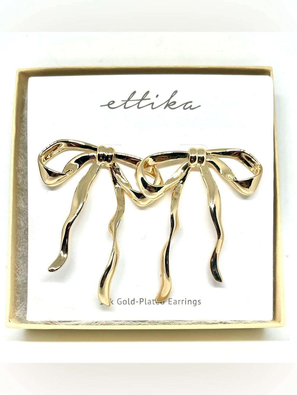 ettika Shiny Gold Ribbon Bow Drop Earrings